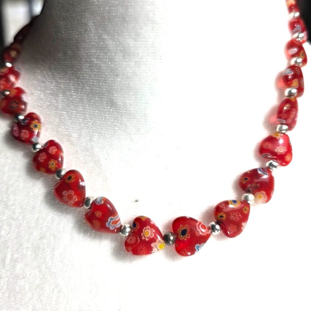 Heart Beaded Necklace Silver-Tone Spacers floral love boho fairy valentine